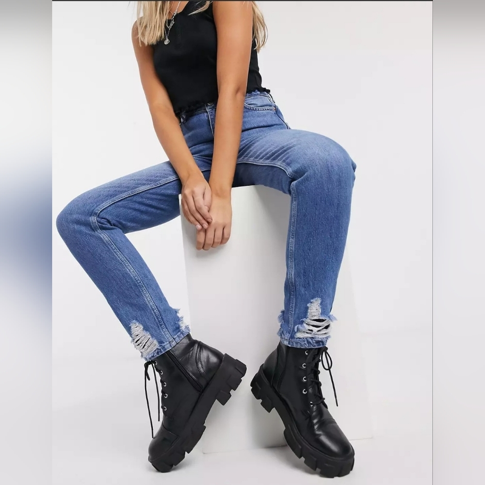 Topshop "Mom" Distressed Hem High Rise Straight Leg Blue Jeans | Women's Size 28 - Picture 2 of 14